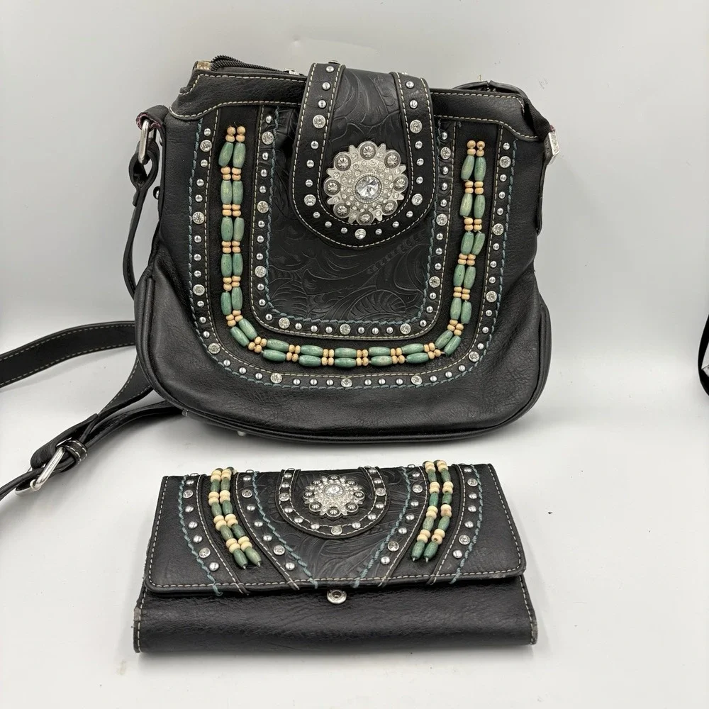 Montana West Black and Turquoise Embellished Shoulder‎ Bag &wallet